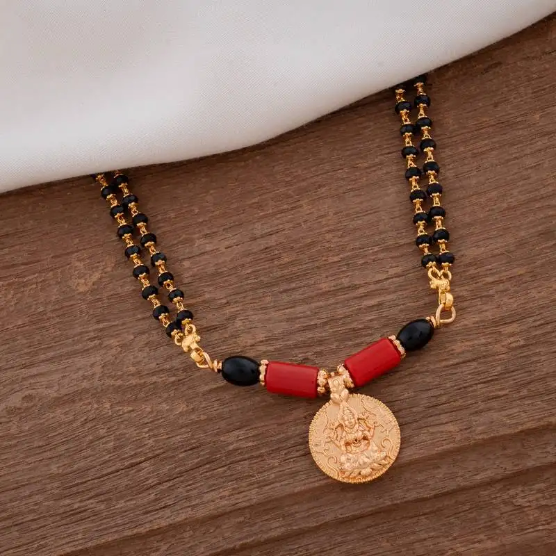 Black crystal mangalsutra medium length with big laxmi vati one gram gold