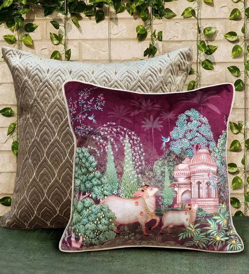 Pichwai ruby cushion cover 16x16 inches – luxury decorative throw pillow for sofa, bed & home decor