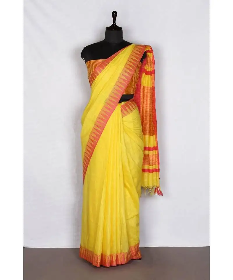 Yellow handloom bhagalpuri viscose silk saree with blouse piece