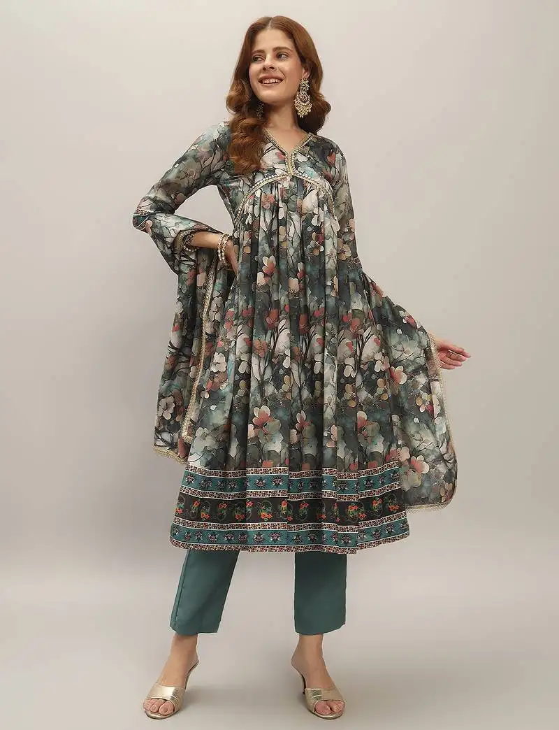 Women's gorgeous chanderi silk embroidery flared kurta with pant and dupatta set