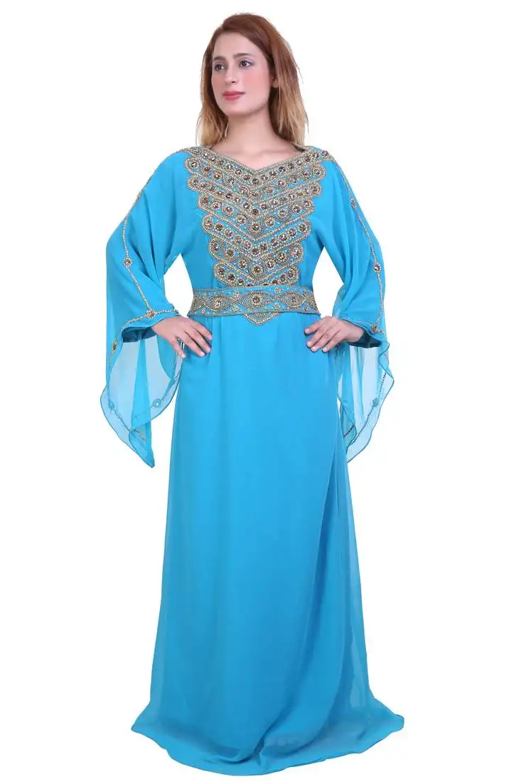 Aqua blue zari stone work georgette islamic style beads embedded partywear kaftan long gown evening wear dubai kaftan