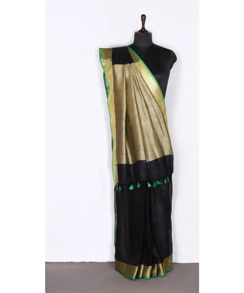 Black handloom pure linen saree with blouse piece