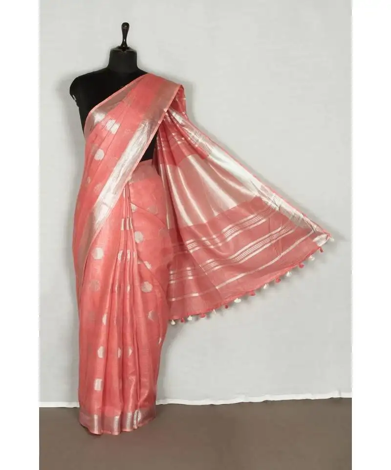 Pink handloom pure linen saree with blouse piece
