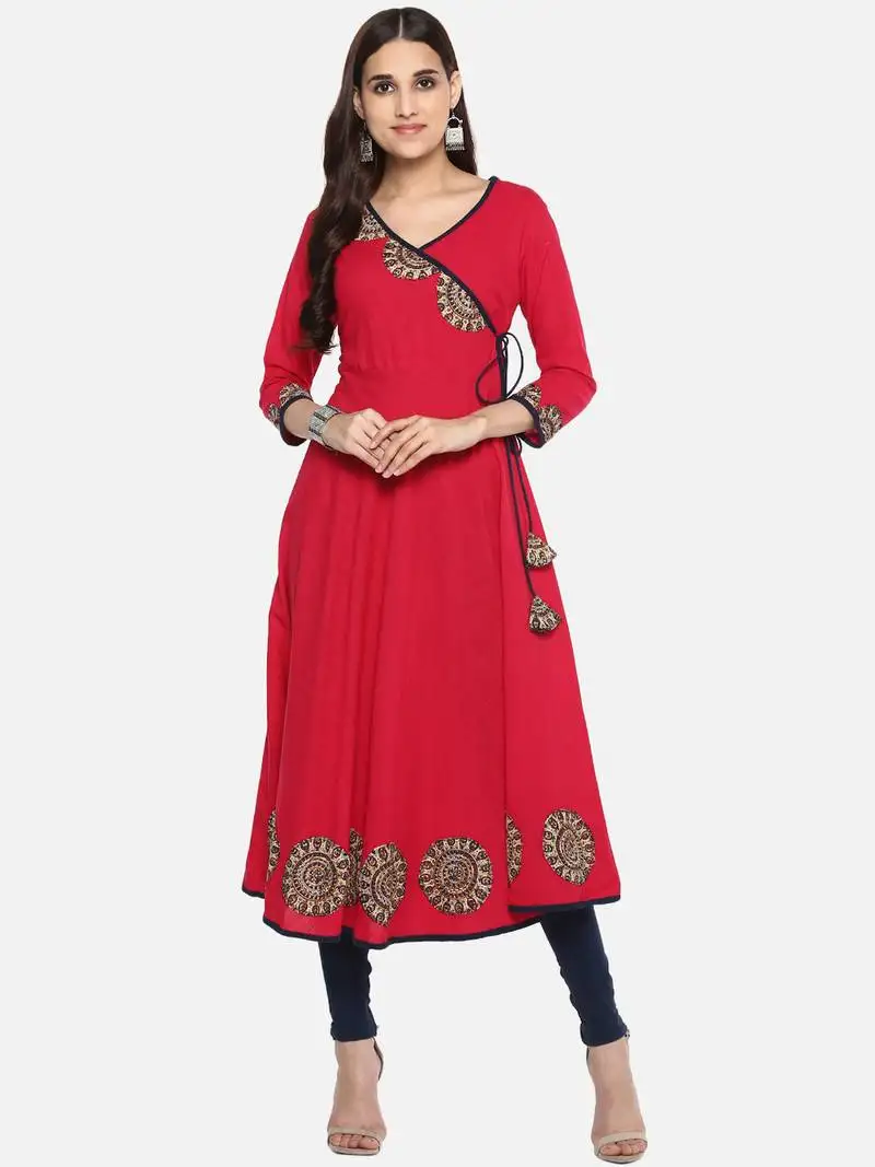 Women's cotton slub angrakha style anarkali kurta (pink)