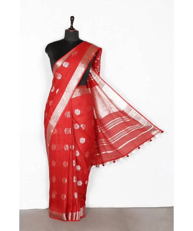 Red handloom pure linen saree with blouse piece