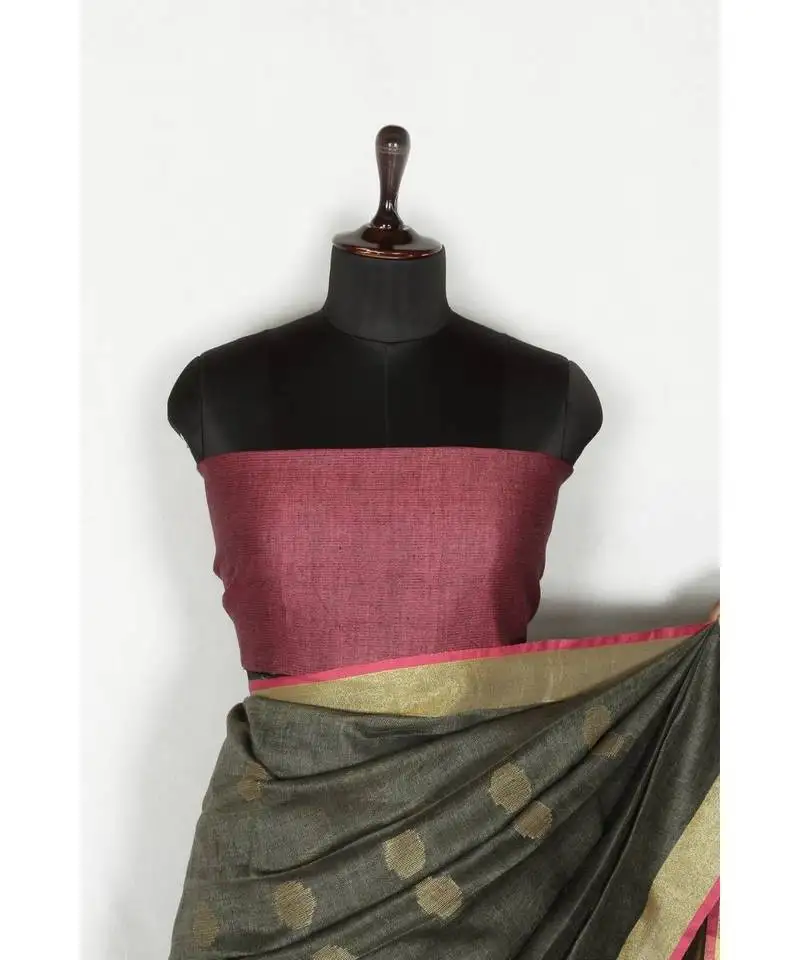 Grey handloom pure linen saree with blouse piece