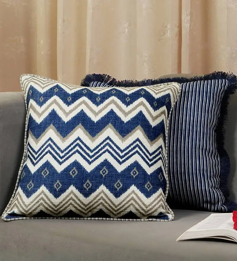 Blue cotton blend abstract 18x18 inches cushion cover (1pc)