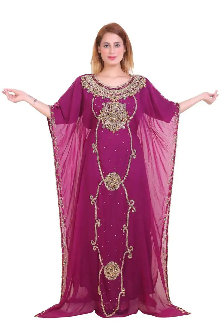 Wine zari stone work georgette islamic style beads embedded partywear kaftan long gown evening wear dubai kaftan
