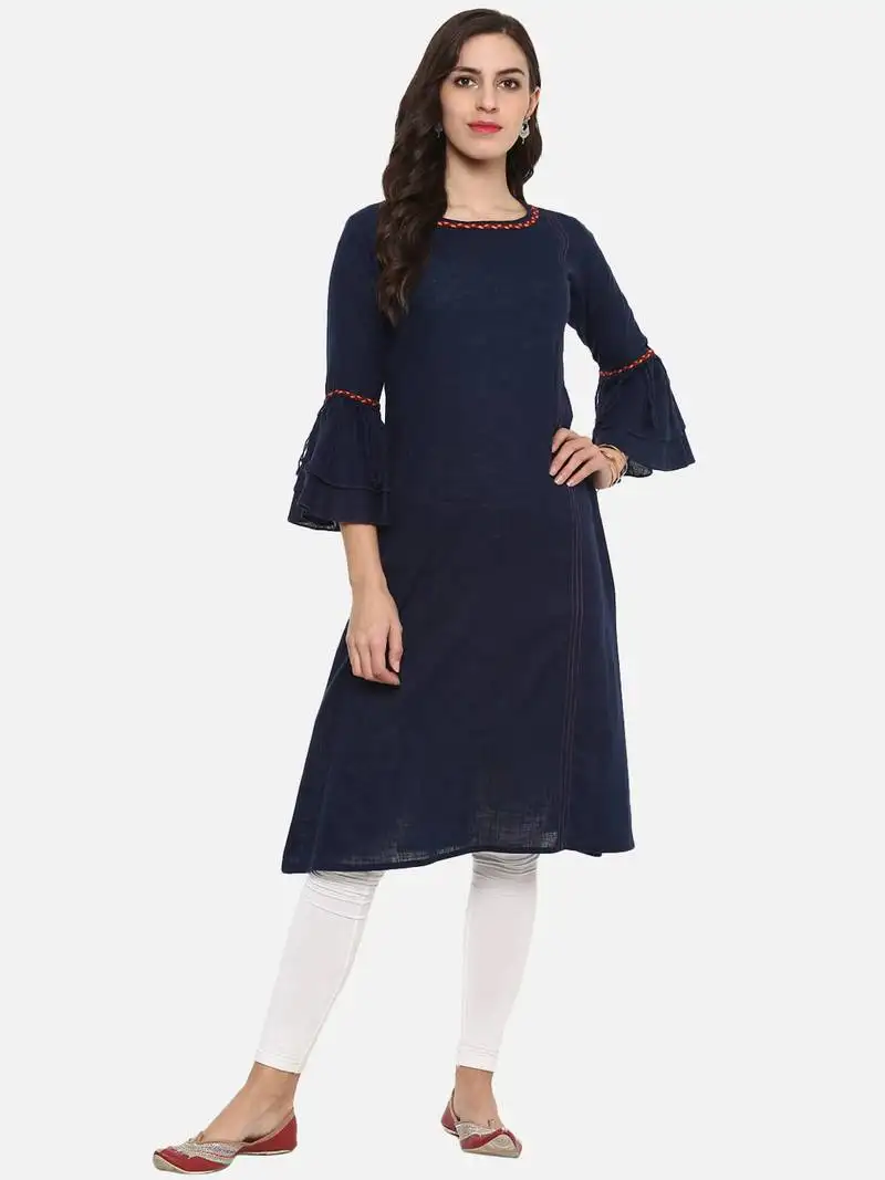 Women's solid cotton slub kurta (blue)