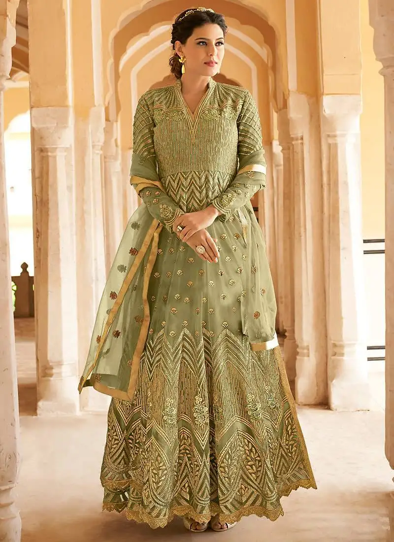 Green net zari embroidered wedding wear designer anarkali semi-suit semi stitched
