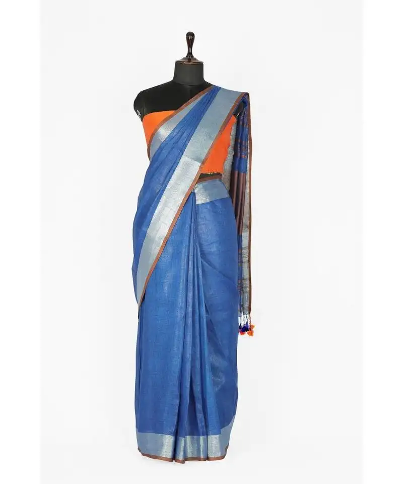 Blue handloom pure linen saree with blouse piece