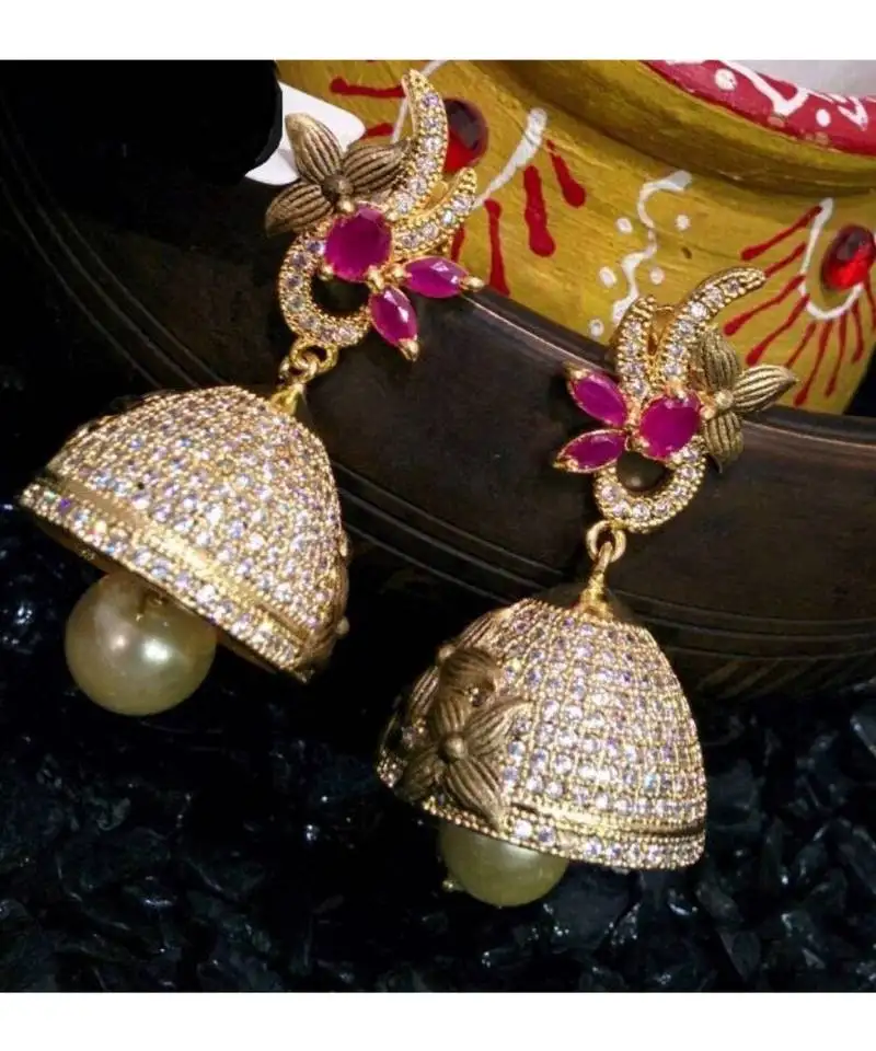 Georgeous matt finish high gold temple multi colour jumkas