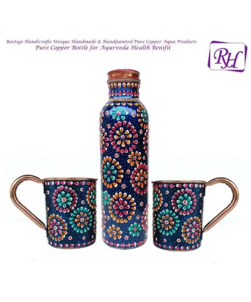 Handmade pure copper outer hand painted art work water bottle (joint free & leak proof) and mug - cup 16 oz (2)