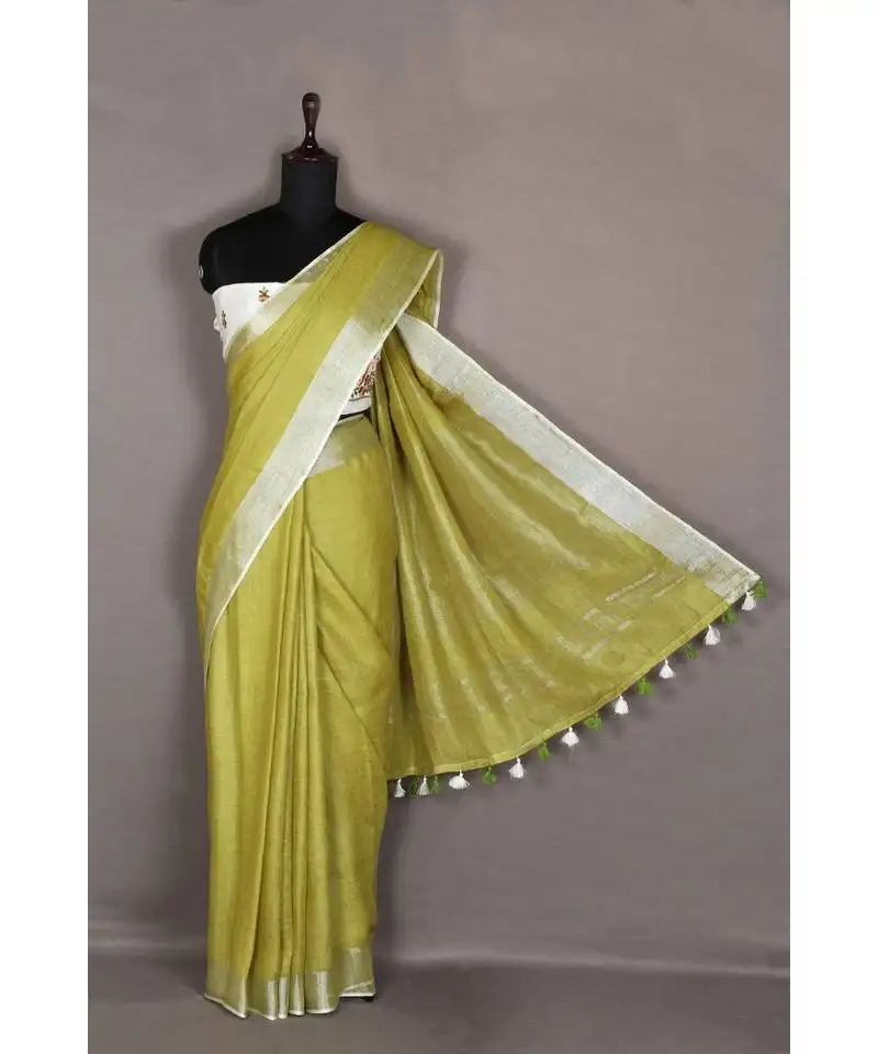 Yellow handloom pure linen saree with blouse piece