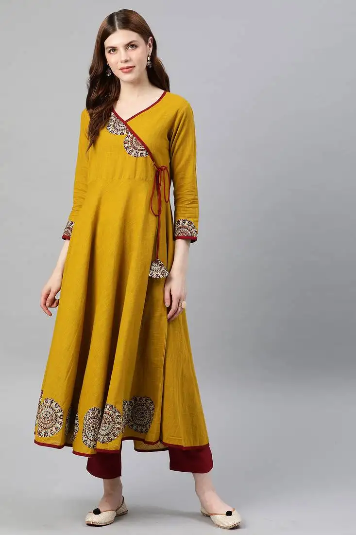 Women's cotton slub patch work angrakha kurta (mustard)