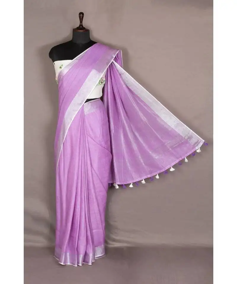 Purple handloom pure linen saree with blouse piece