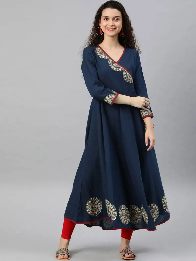 Women's cotton slub patch work angrakha kurta (blue)