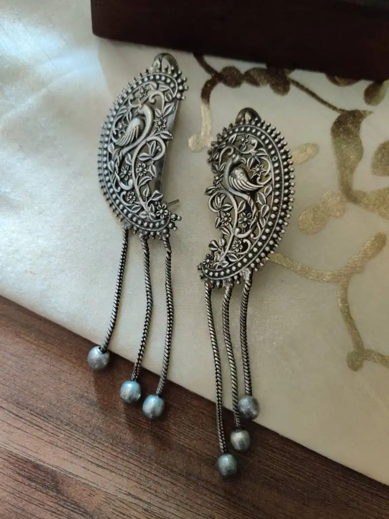 Antique silver peacock ear cuffs