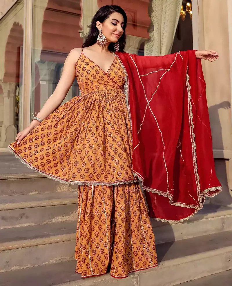 Beige embroidered gota work suit set suit set with gota work dupatta