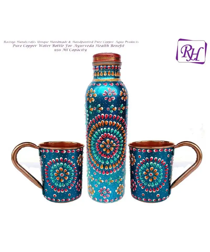 Handmade copper outer hand painted art work water bottle (joint free & leak proof) and mug - cup 16 oz (2) terquoise