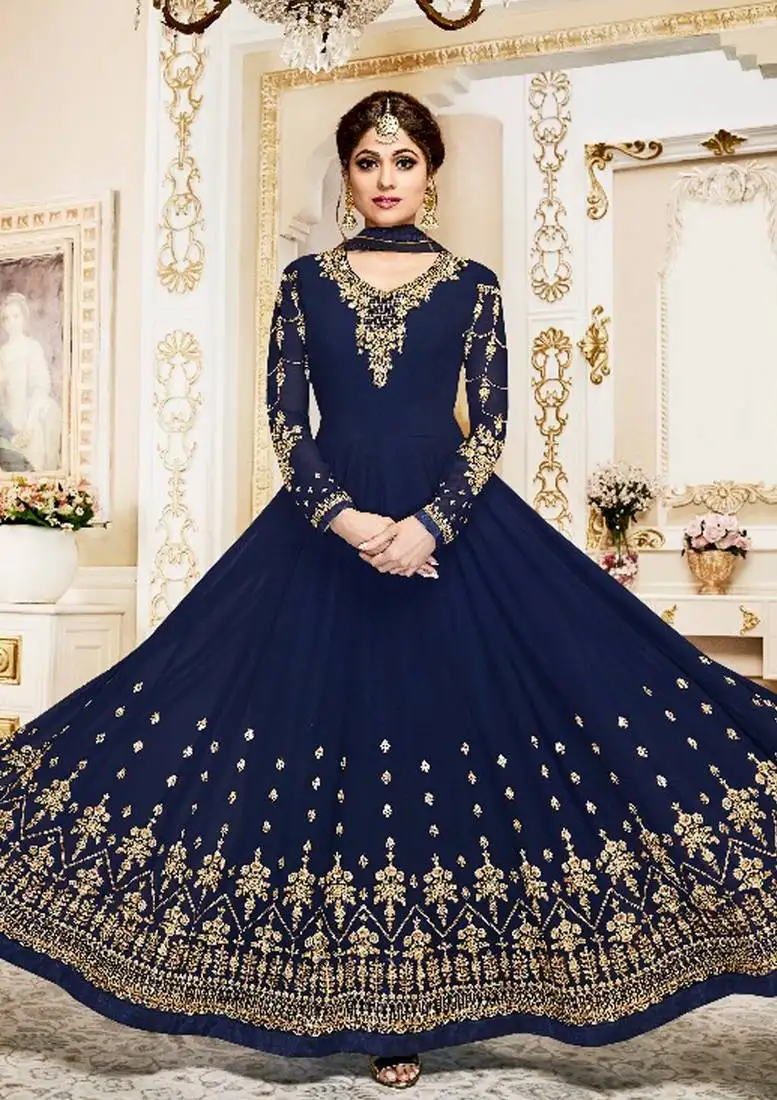 Navy blue georgette embroidered wedding anarkali semi-suit semi stitched
