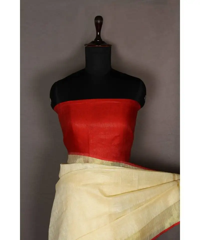 White handloom pure linen saree with blouse piece