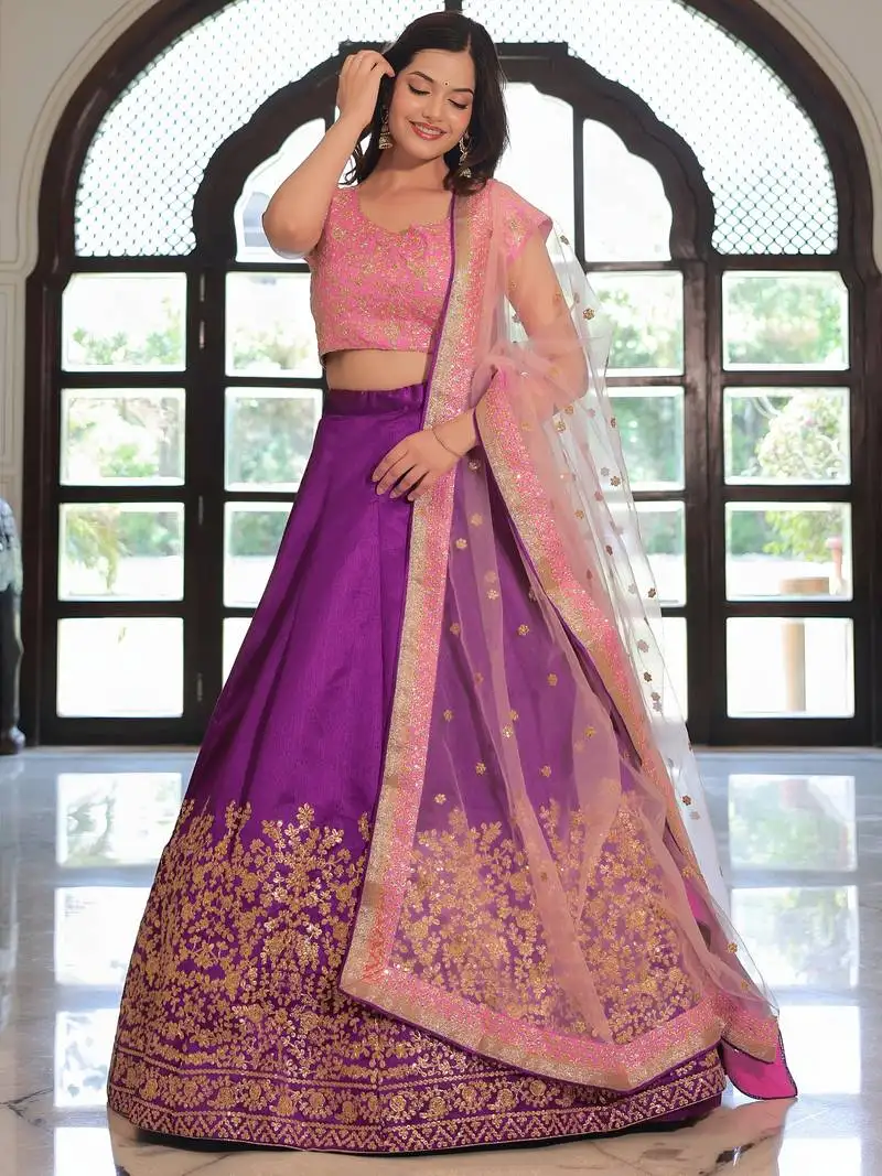 Purple & pink semi-stitched lehenga & unstitched blouse with dupatta