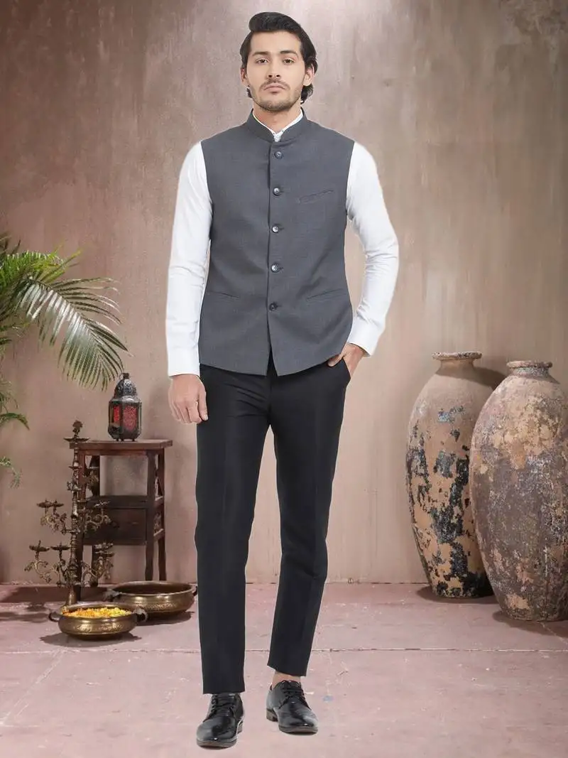 Grey plain viscose nehru jacket