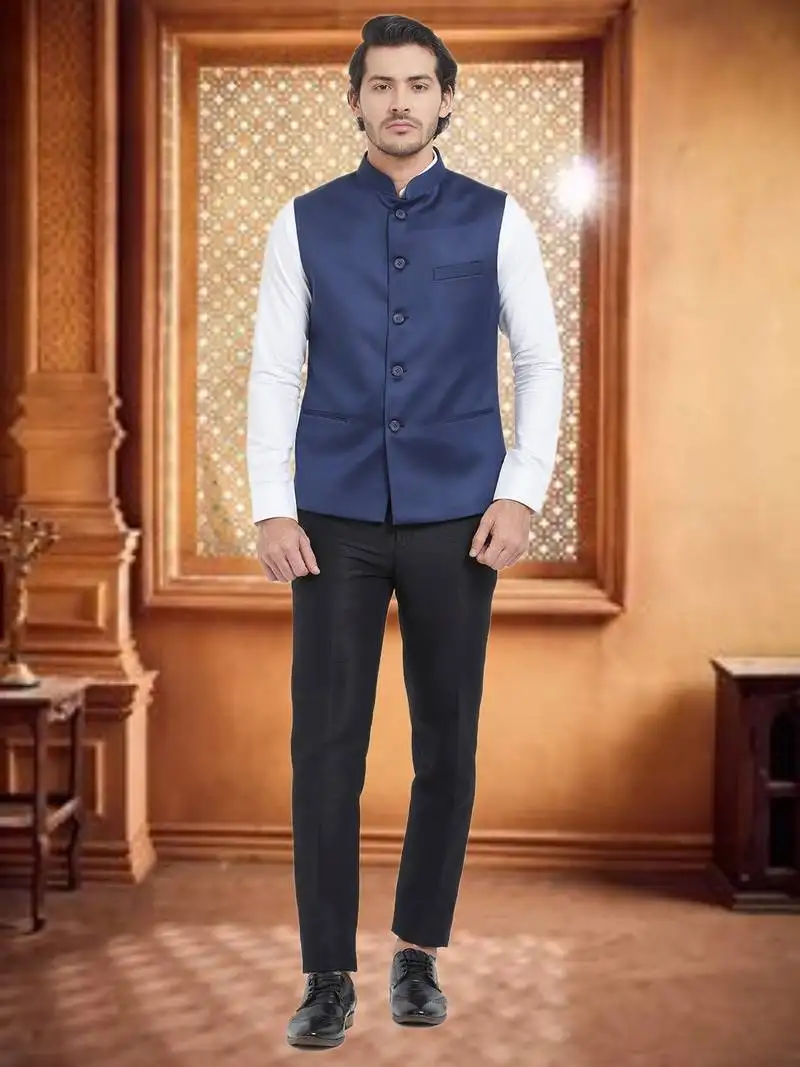 Blue plain viscose nehru jacket