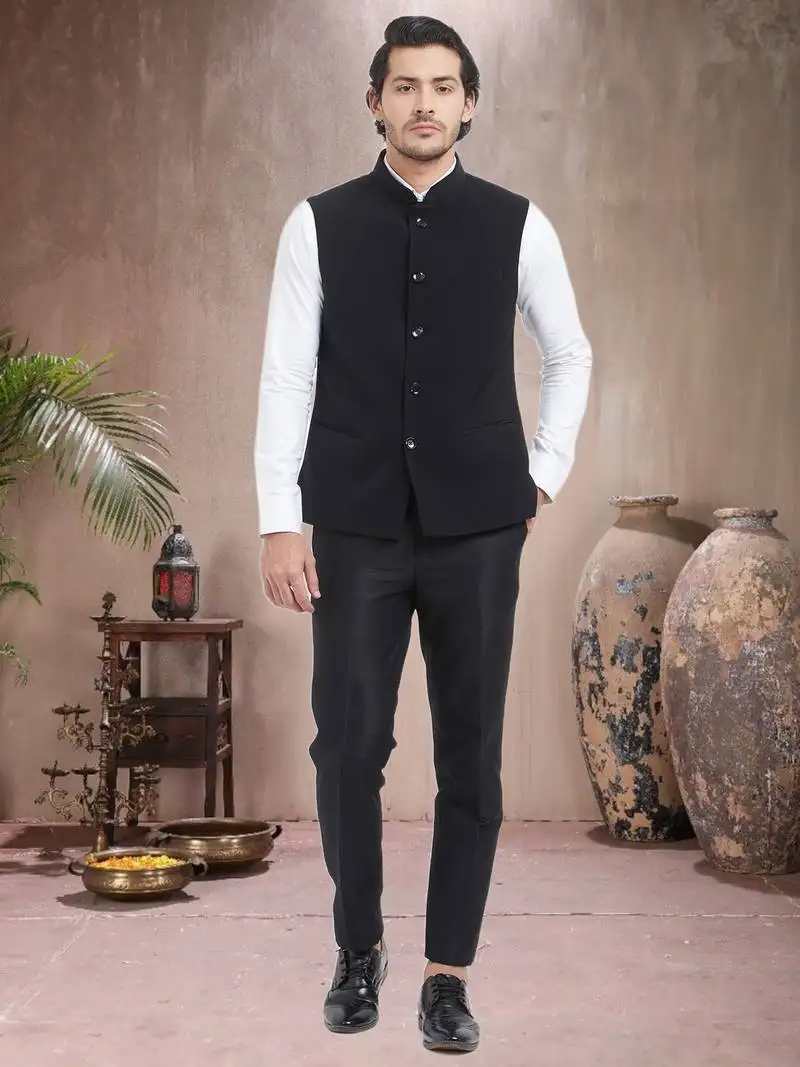 Black plain viscose nehru jacket