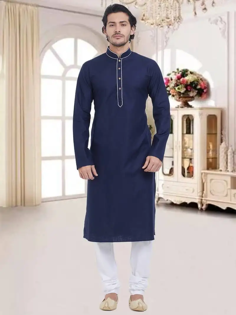 Navy blue plain cotton kurta pajama