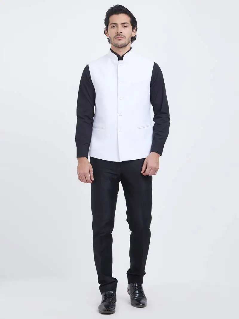 White plain viscose nehru jacket