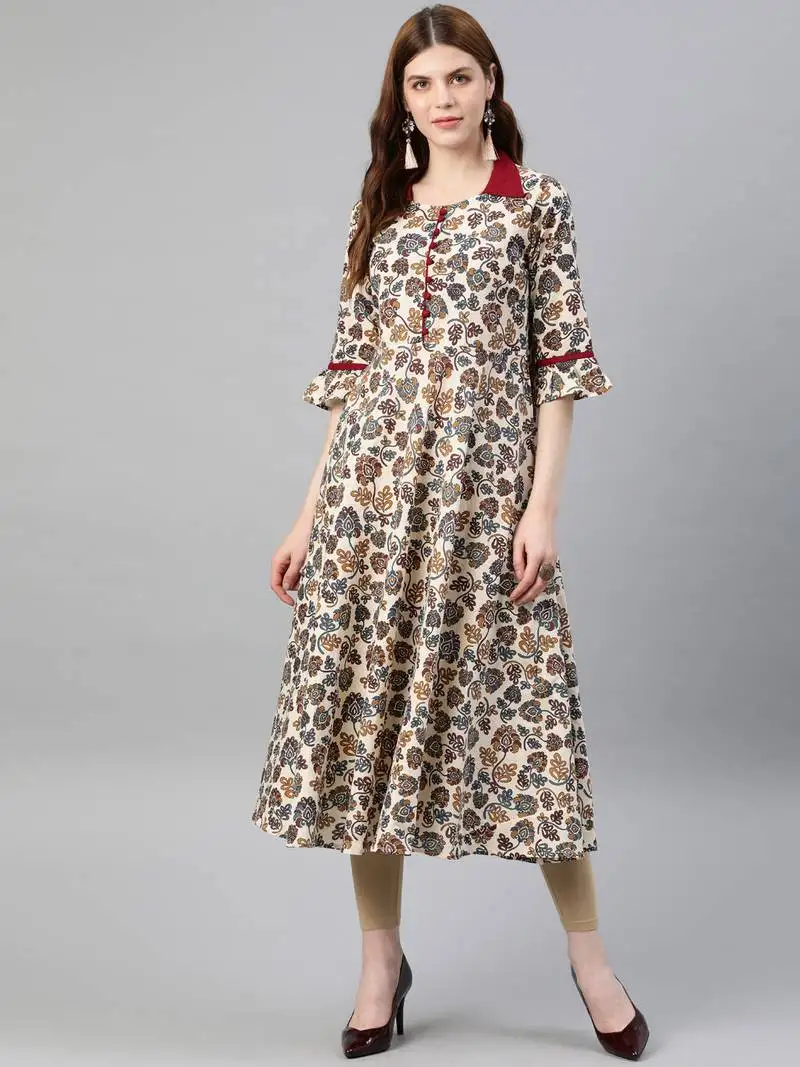 Women's cotton floral print anarkali kurta (maroon)