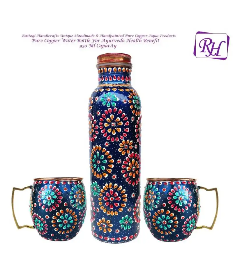 Handmade copper outer hand painted art work water bottle (joint free & leak proof) and mug - cup 16 oz (2) blue