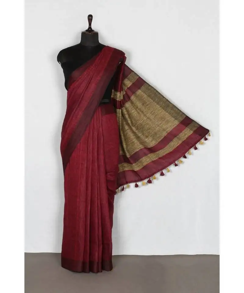 Maroon handloom pure linen saree with blouse piece
