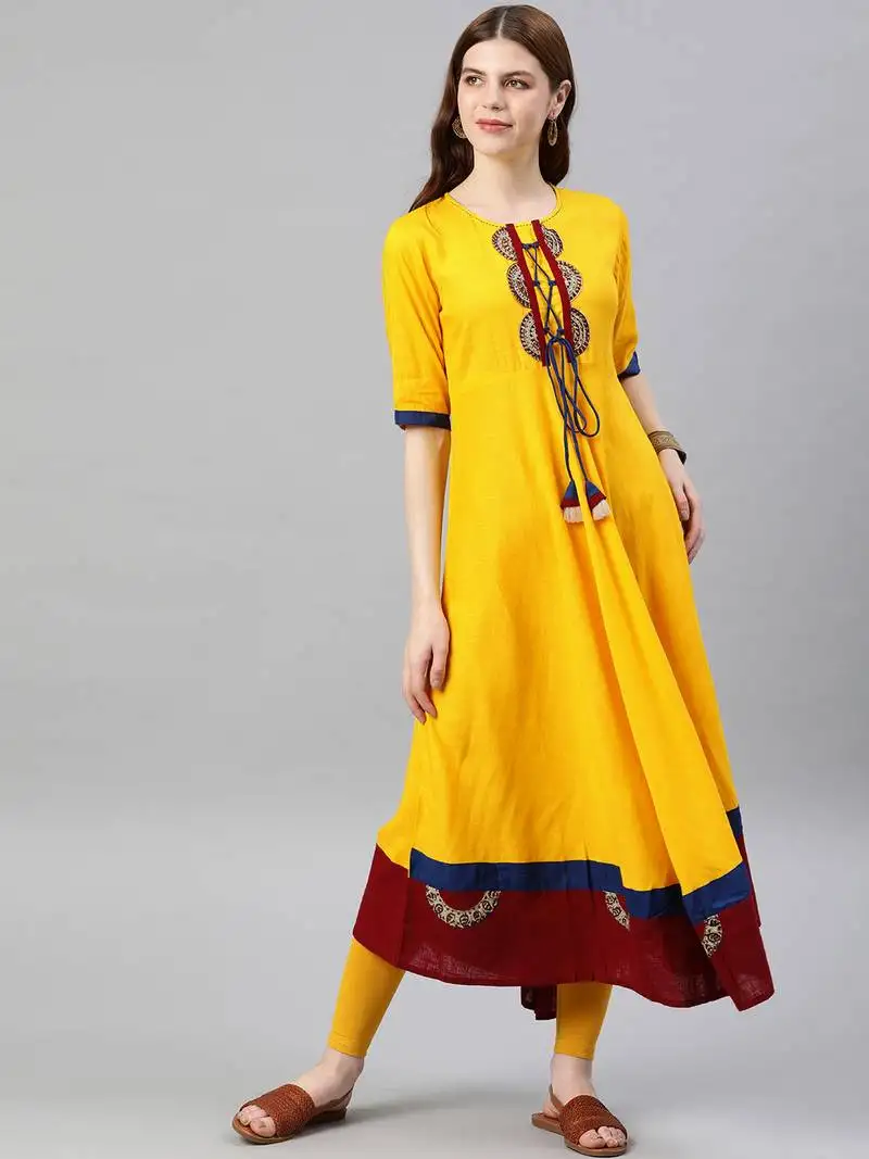 Women's rayon slub patch work anarkali kurta (mustard)