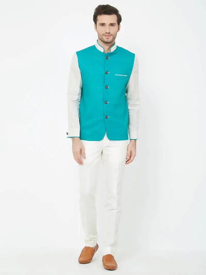 Green plain linen nehru jacket