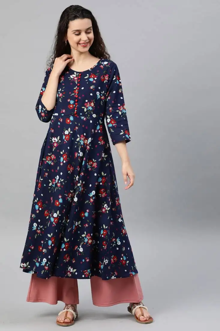 Women's cotton floral print anarkali kurta (blue)