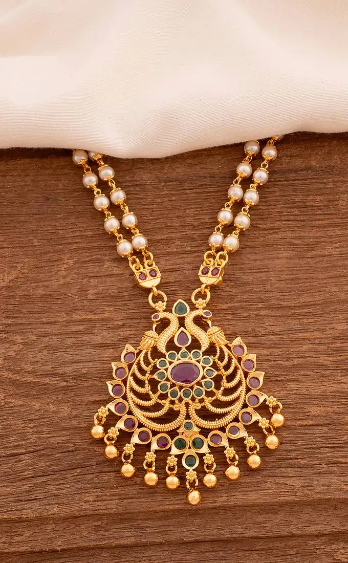 Off-white pearl 2 line short necklace with peacock pendant one gram gold