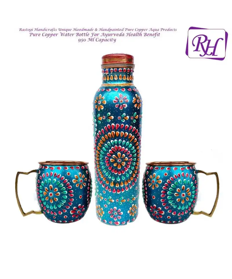 Handmade copper outer hand painted art work terquoise color water bottle (joint free & leak proof) and mug - cup 16 oz