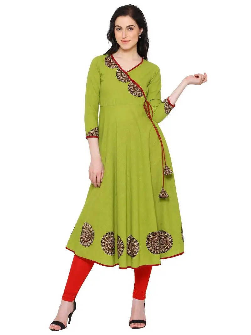 Women's cotton slub patch work angrakha kurta (green)