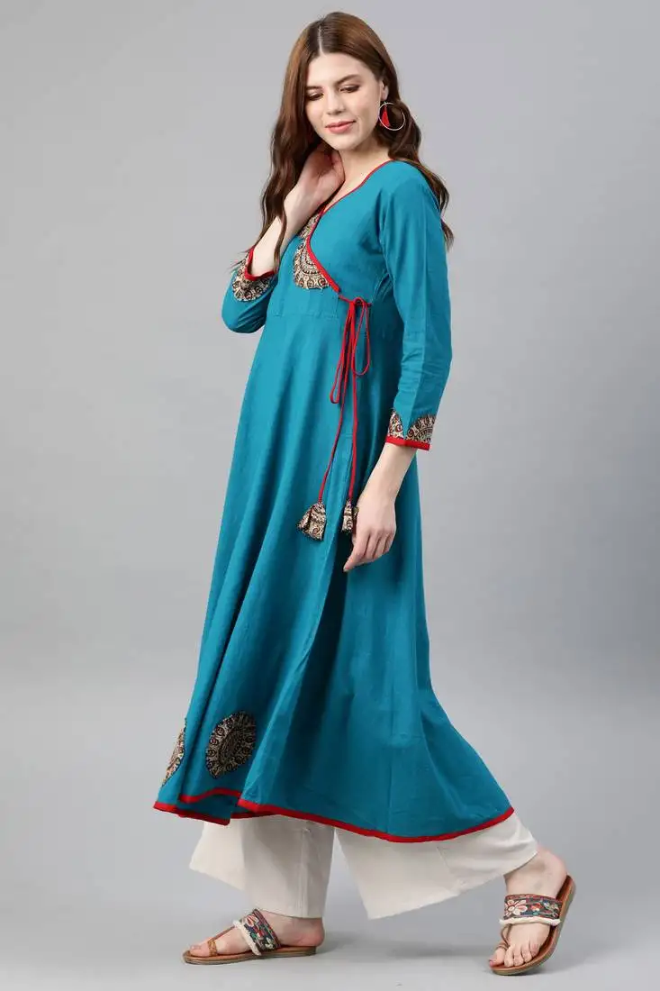 Women's cotton slub patch work angrakha kurta (teal)