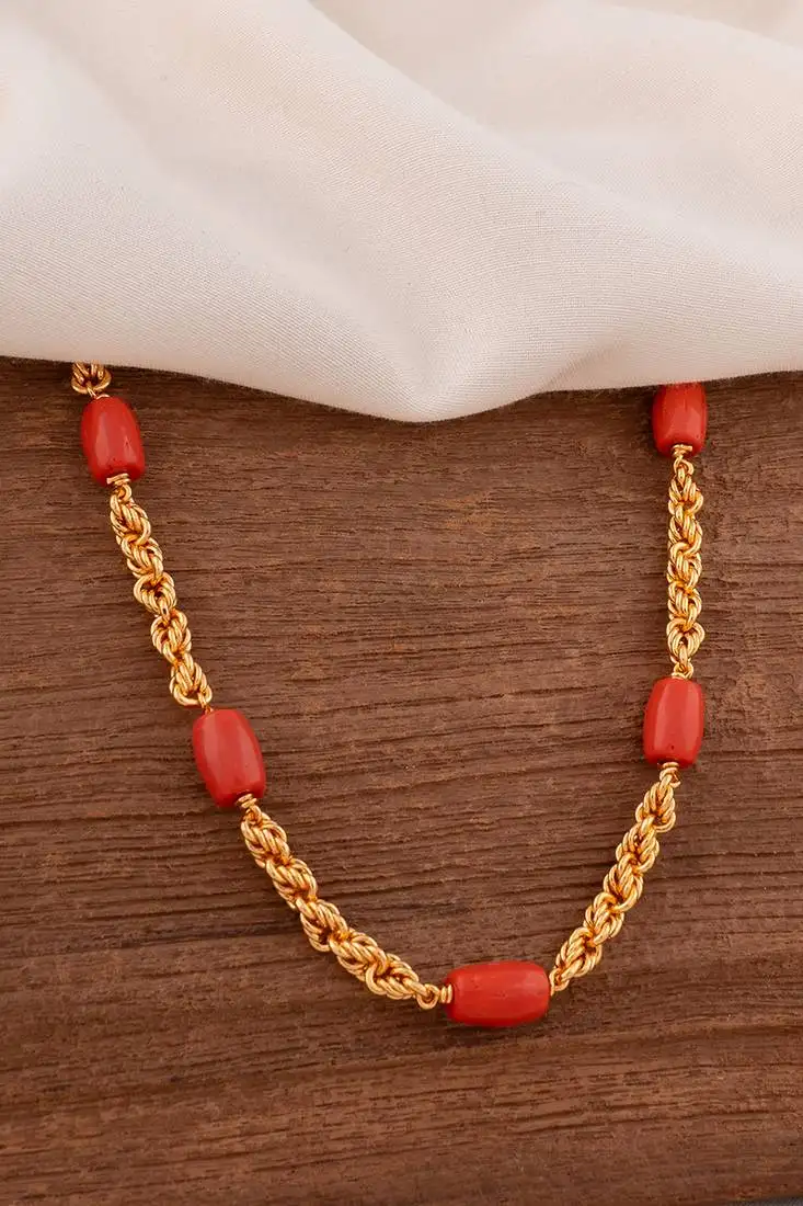 Golden handmade govardhana mudi necklace 30" with coral beads one gram gold