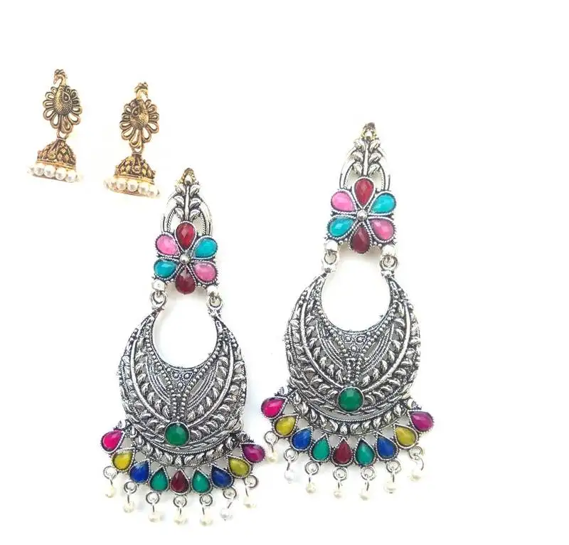 2 pair of oxidized gold:: silver plated alloy metal jhumki earrings for women & girls