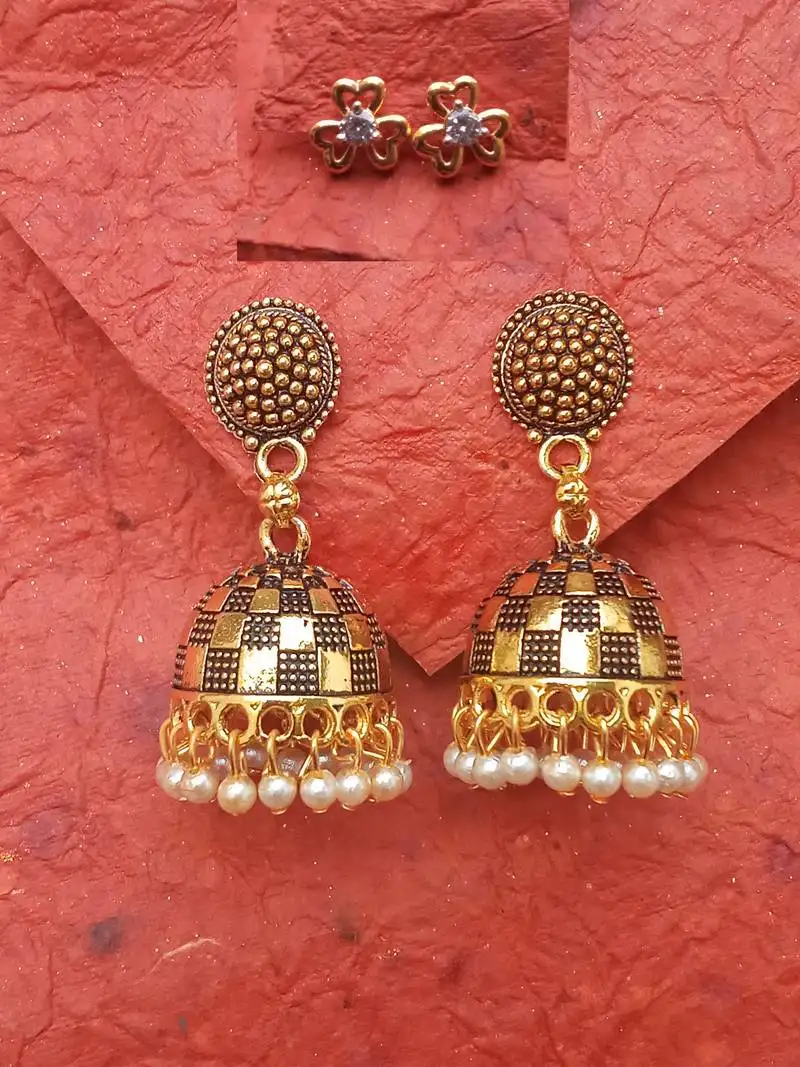2pair of oxidized gold plated metal jhumki and american diamond stud earrings for women & girls