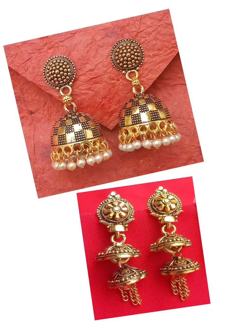 2pair of oxidized gold plated alloy metal jhumki earrings for women & girls