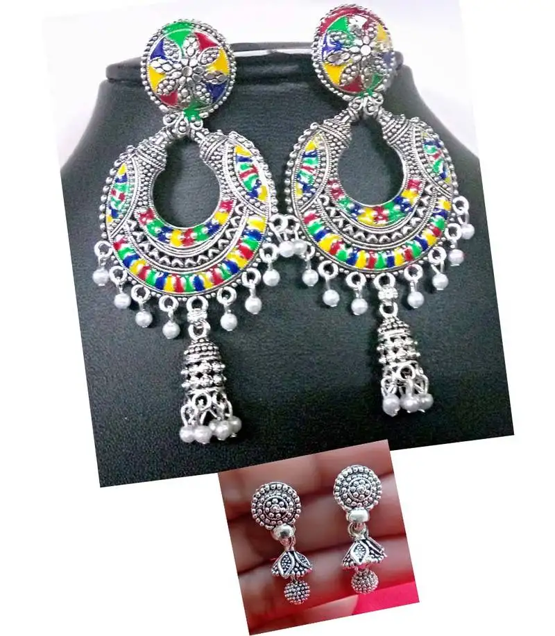 2pair of oxidized silver plated alloy metal chandbali earrings for women & girls