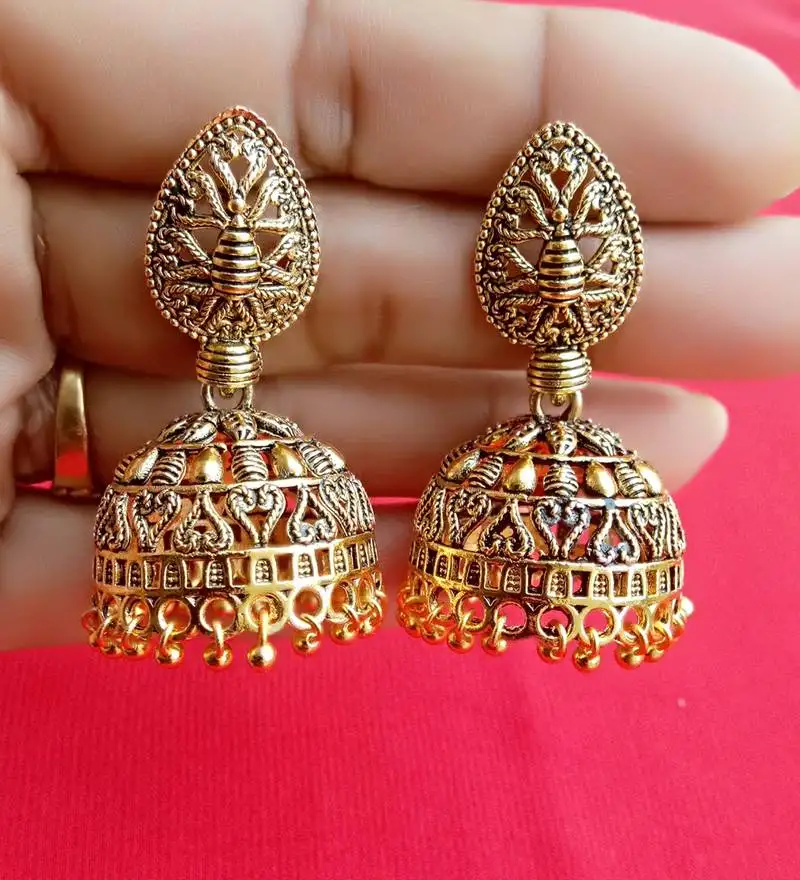 2 pair of oxidized gold :: silver plated alloy metal jhumki earrings for women & girls