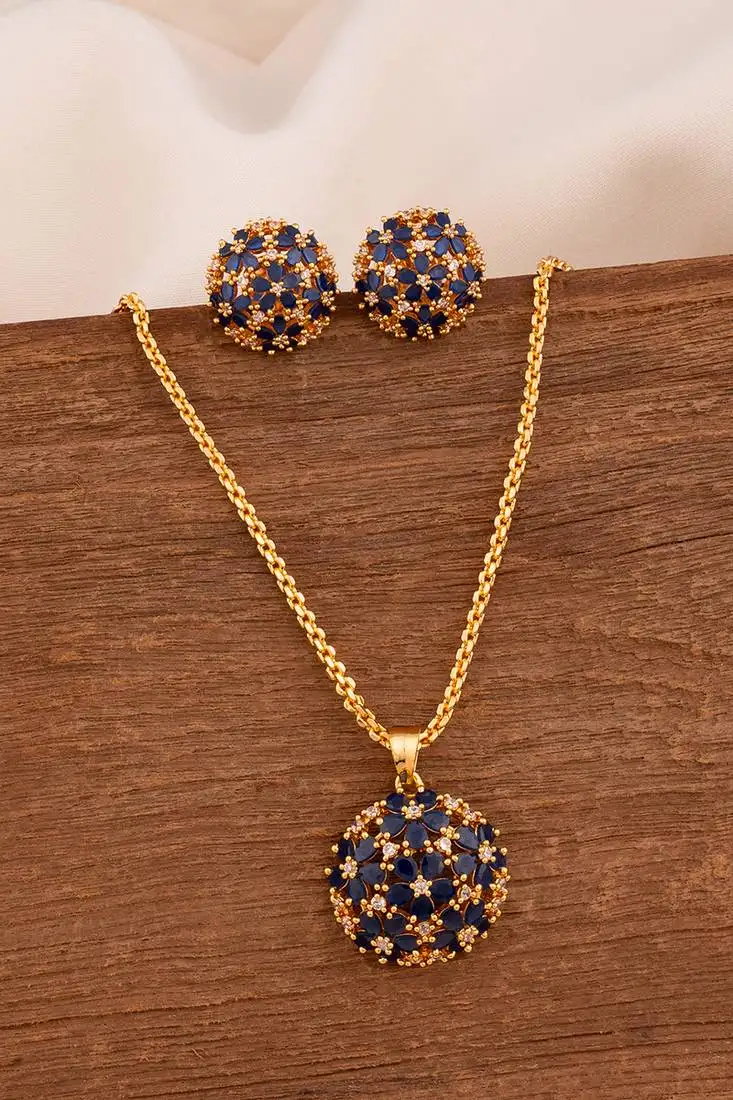 Blue stone pendant and earrings necklace medium length set one gram gold
