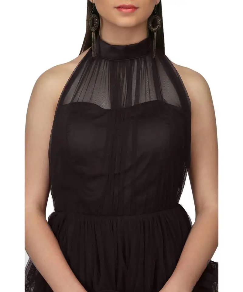 Women's halter neck drape net party evening corset gown in black